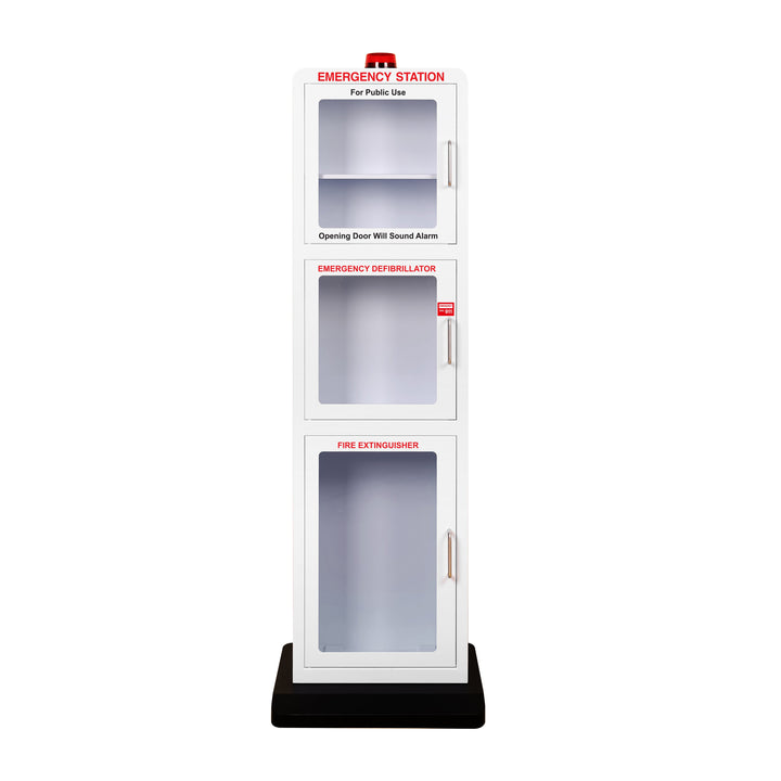 Emergency Station | Store AEDs, Fire Extinguishers, Naloxone Overdose Kits, Bleeding Control Kits & First Aid Kits in a Large Floor Stand Cabinet for Public Spaces