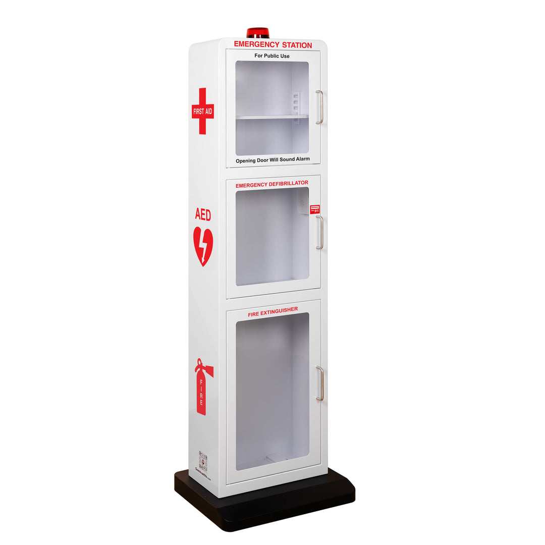 Emergency Station | Store AEDs, Fire Extinguishers, Naloxone Overdose Kits, Bleeding Control Kits & First Aid Kits in a Large Floor Stand Cabinet for Public Spaces