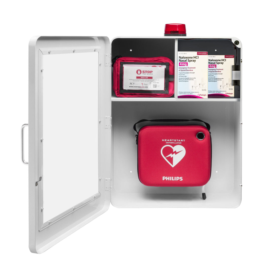 Emergency Medical Station | AED & Naloxone Wall Mount Cabinet Designed to Store AED's, Naloxone Overdose Kits, Bleeding Control Kits & First Aid Kits for Public Spaces