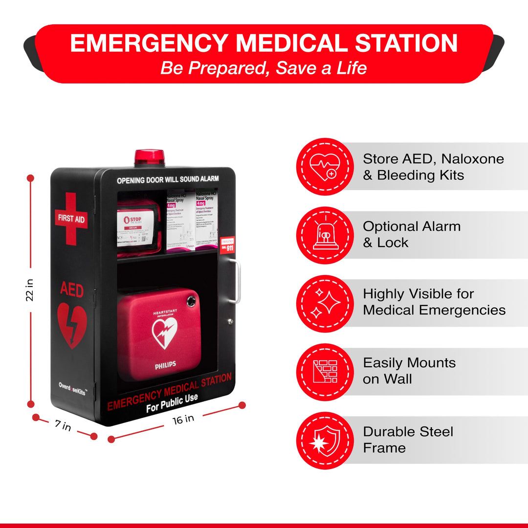 Emergency Medical Station | AED & Naloxone Wall Mount Cabinet Designed to Store AED's, Naloxone Overdose Kits, Bleeding Control Kits & First Aid Kits for Public Spaces