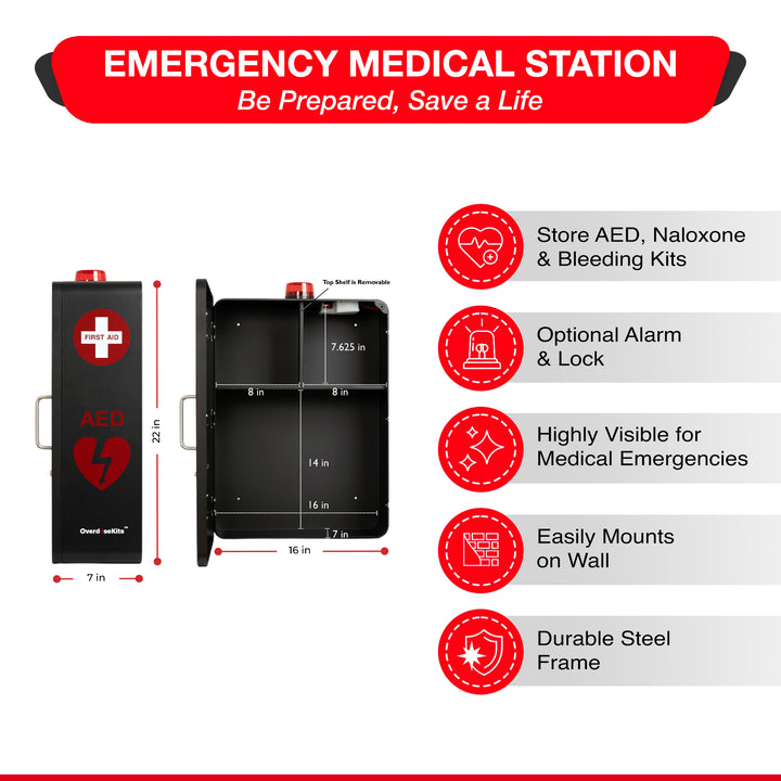 Emergency Medical Station Cabinet – Wall-Mounted Storage for AED, Naloxone, Bleeding Control & First Aid Kits