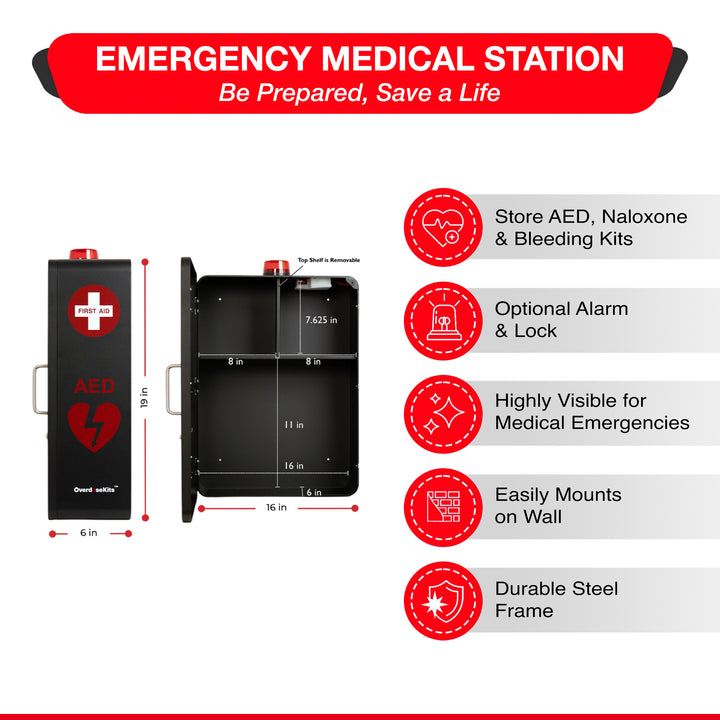 Emergency Medical Station Cabinet – Wall-Mounted Storage for AED, Naloxone, Bleeding Control & First Aid Kits