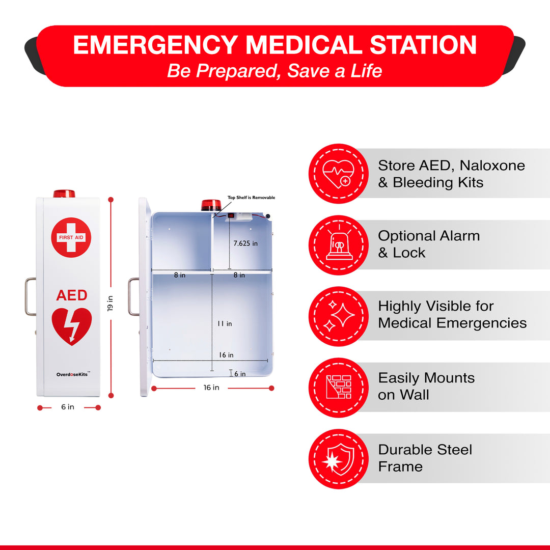 Emergency Medical Station Cabinet – Wall-Mounted Storage for AED, Naloxone, Bleeding Control & First Aid Kits