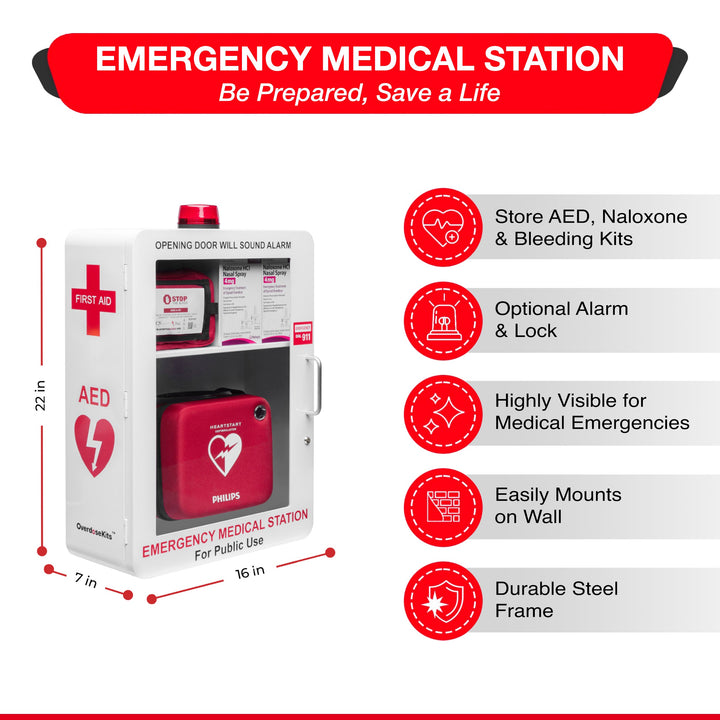 Emergency Medical Station | AED & Naloxone Wall Mount Cabinet Designed to Store AED's, Naloxone Overdose Kits, Bleeding Control Kits & First Aid Kits for Public Spaces