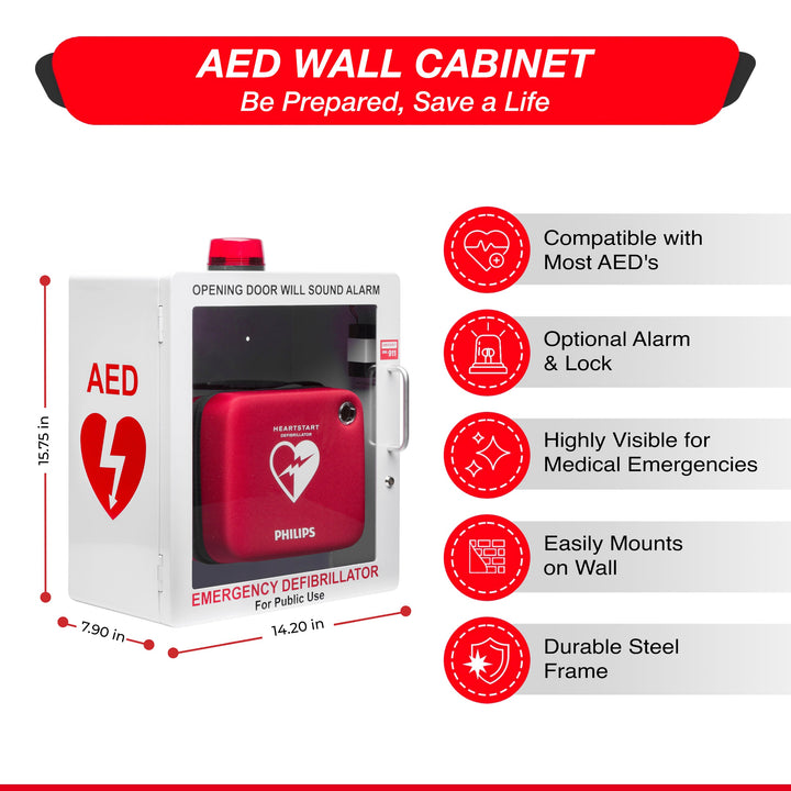 AED Defibrillator Wall Mount Cabinet | Optional Alarm & Lock | Durable Steel Frame | Fits All Brands of AED's for Public Spaces or Home