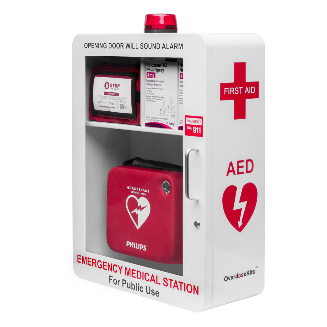 Emergency Medical Station | AED & Naloxone Wall Mount Cabinet Designed to Store AED's, Naloxone Overdose Kits, Bleeding Control Kits & First Aid Kits for Public Spaces