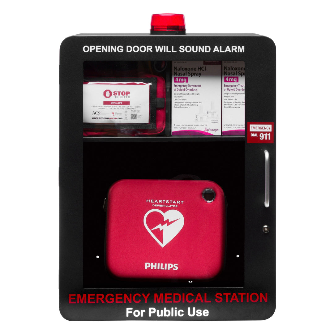 Emergency Medical Station | AED & Naloxone Wall Mount Cabinet Designed to Store AED's, Naloxone Overdose Kits, Bleeding Control Kits & First Aid Kits for Public Spaces