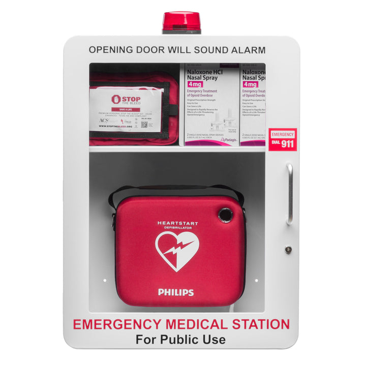 Emergency Medical Station | AED & Naloxone Wall Mount Cabinet Designed to Store AED's, Naloxone Overdose Kits, Bleeding Control Kits & First Aid Kits for Public Spaces