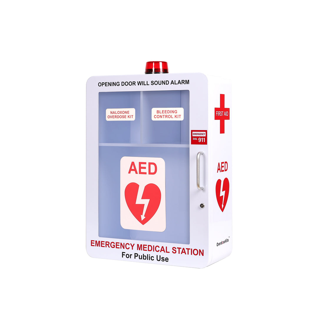 Emergency Medical Station | AED & Naloxone Wall Mount Cabinet Designed to Store AED's, Naloxone Overdose Kits, Bleeding Control Kits & First Aid Kits for Public Spaces