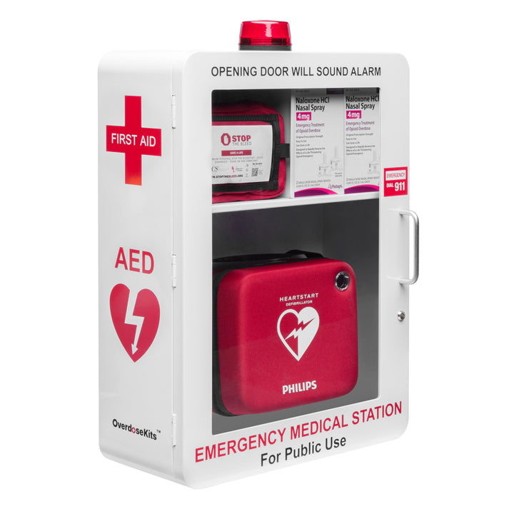 Emergency Medical Station | AED & Naloxone Wall Mount Cabinet Designed to Store AED's, Naloxone Overdose Kits, Bleeding Control Kits & First Aid Kits for Public Spaces