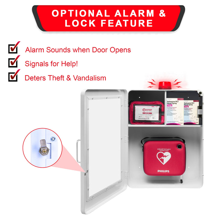 Emergency Medical Station | AED & Naloxone Wall Mount Cabinet Designed to Store AED's, Naloxone Overdose Kits, Bleeding Control Kits & First Aid Kits for Public Spaces