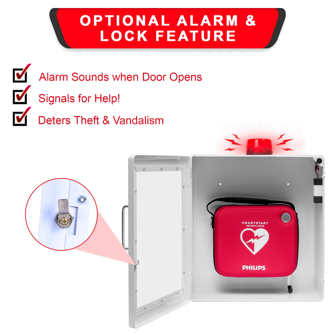 AED Defibrillator Wall Mount Cabinet | Optional Alarm & Lock | Durable Steel Frame | Fits All Brands of AED's for Public Spaces or Home