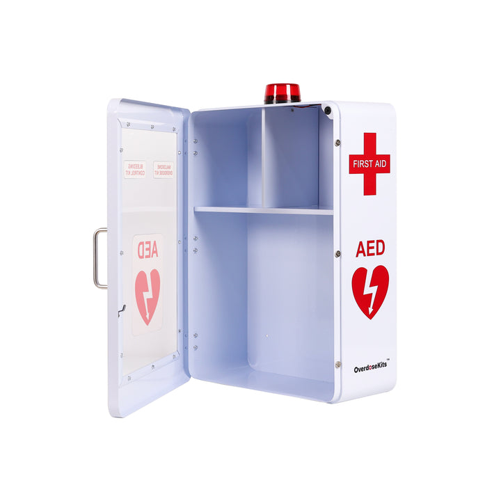 Emergency Medical Station | AED & Naloxone Wall Mount Cabinet Designed to Store AED's, Naloxone Overdose Kits, Bleeding Control Kits & First Aid Kits for Public Spaces