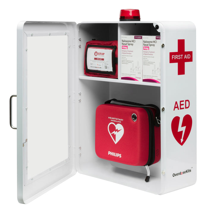 Emergency Medical Station | AED & Naloxone Wall Mount Cabinet Designed to Store AED's, Naloxone Overdose Kits, Bleeding Control Kits & First Aid Kits for Public Spaces