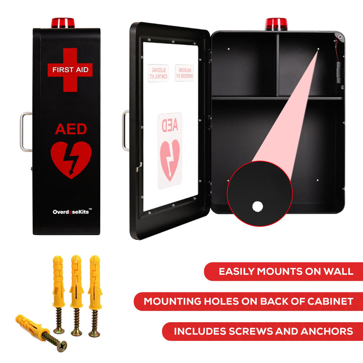 Emergency Medical Station | AED & Naloxone Wall Mount Cabinet Designed to Store AED's, Naloxone Overdose Kits, Bleeding Control Kits & First Aid Kits for Public Spaces