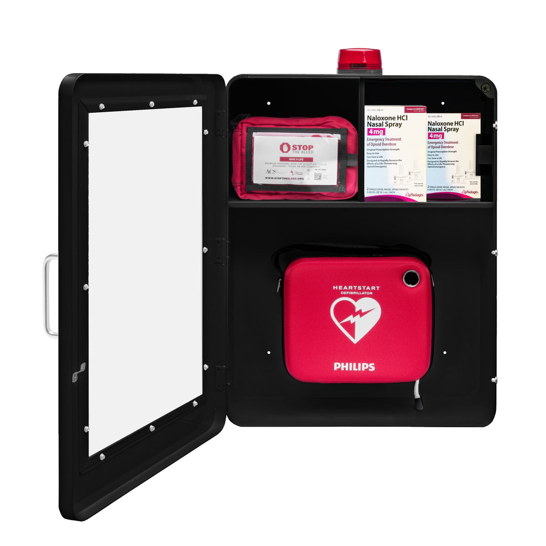 Emergency Medical Station | AED & Naloxone Wall Mount Cabinet Designed to Store AED's, Naloxone Overdose Kits, Bleeding Control Kits & First Aid Kits for Public Spaces