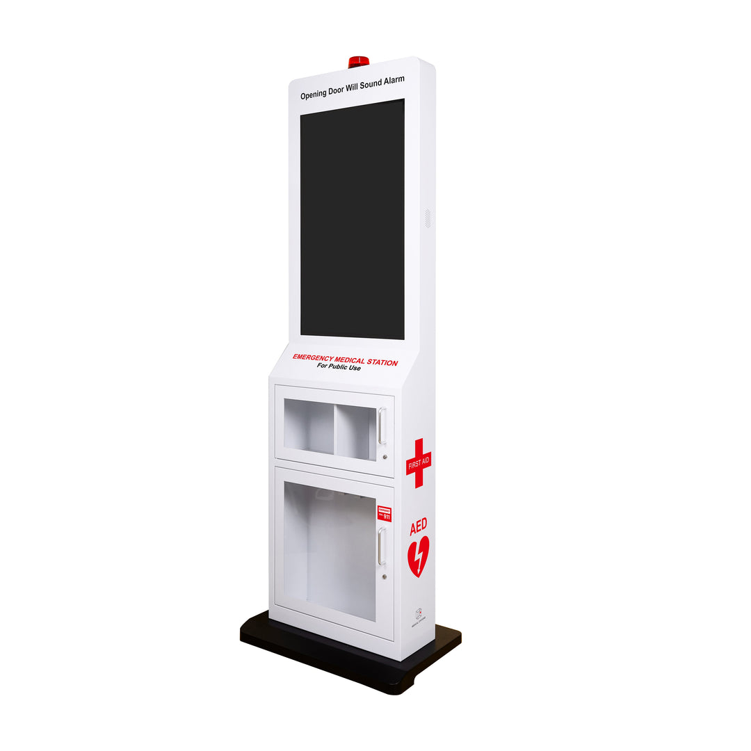 Emergency Medical Station with Large Display Screen - Designed to Store AED's, Naloxone Overdose Kits, Bleeding Control Kits & First Aid Kits for Public Spaces