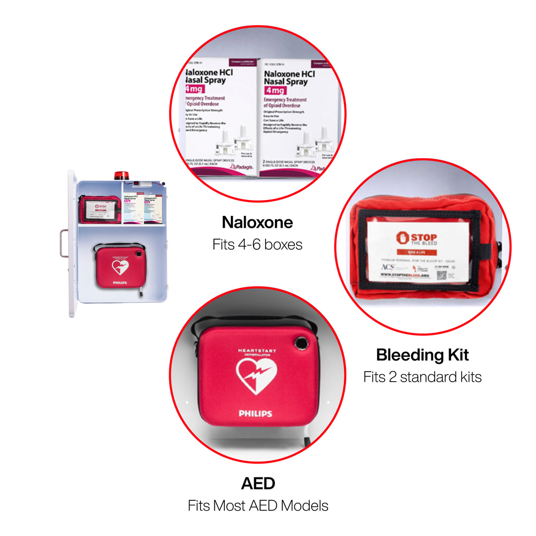 Emergency Medical Station Cabinet – Wall-Mounted Storage for AED, Naloxone, Bleeding Control & First Aid Kits