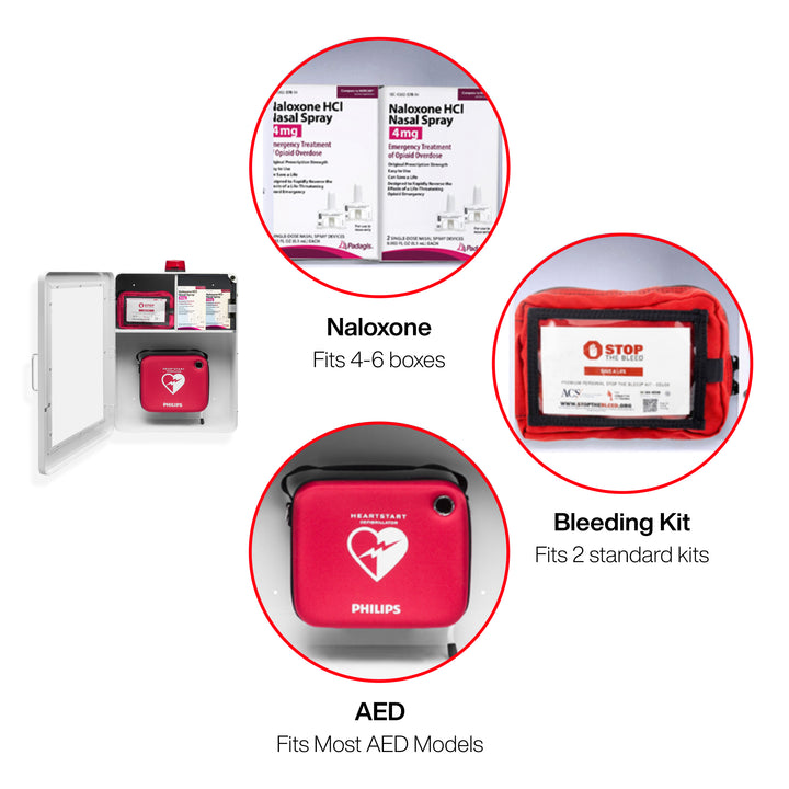 Emergency Medical Station | AED & Naloxone Wall Mount Cabinet Designed to Store AED's, Naloxone Overdose Kits, Bleeding Control Kits & First Aid Kits for Public Spaces