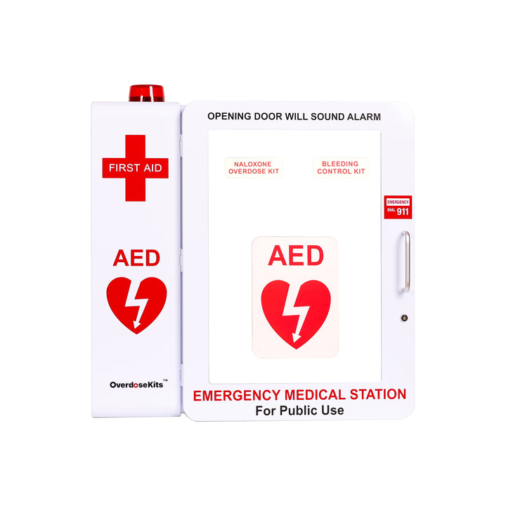 Emergency Medical Station | AED & Naloxone Wall Mount Cabinet Designed to Store AED's, Naloxone Overdose Kits, Bleeding Control Kits & First Aid Kits for Public Spaces