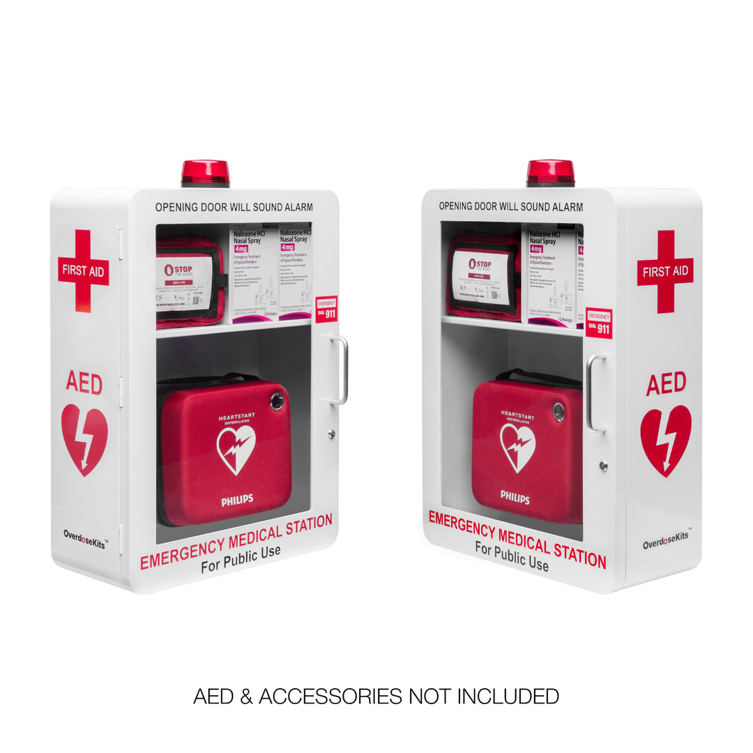 Emergency Medical Station | AED & Naloxone Wall Mount Cabinet Designed to Store AED's, Naloxone Overdose Kits, Bleeding Control Kits & First Aid Kits for Public Spaces