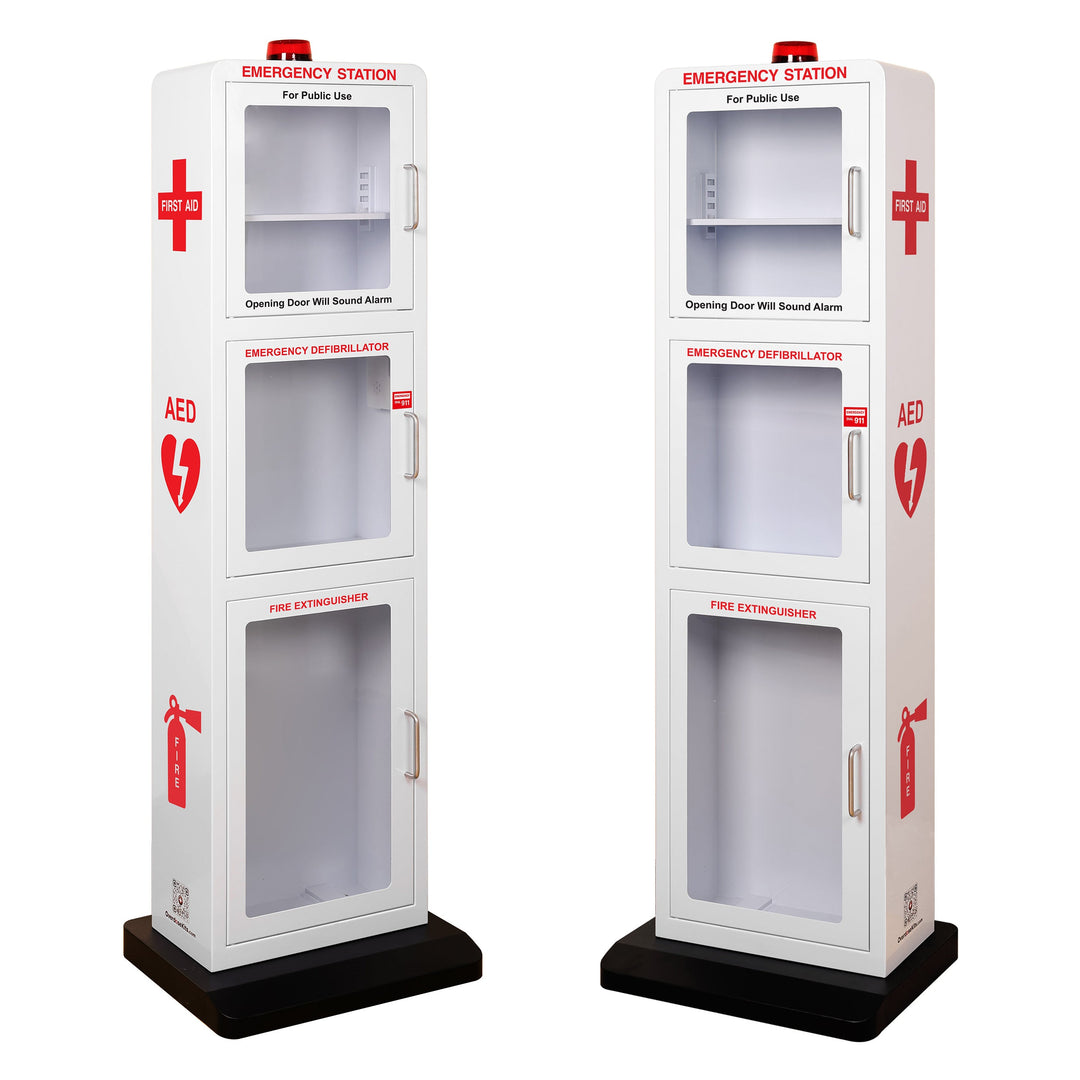 Emergency Station | Store AEDs, Fire Extinguishers, Naloxone Overdose Kits, Bleeding Control Kits & First Aid Kits in a Large Floor Stand Cabinet for Public Spaces