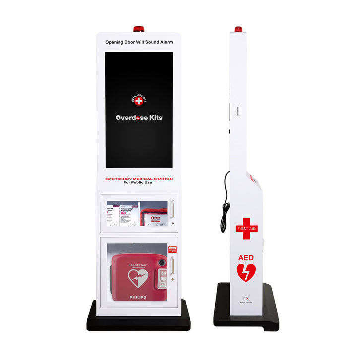 Emergency Medical Station with Large Display Screen - Designed to Store AED's, Naloxone Overdose Kits, Bleeding Control Kits & First Aid Kits for Public Spaces