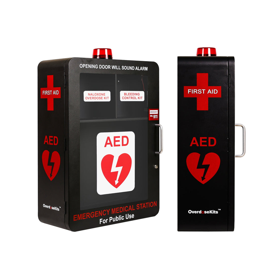 Emergency Medical Station | AED & Naloxone Wall Mount Cabinet Designed to Store AED's, Naloxone Overdose Kits, Bleeding Control Kits & First Aid Kits for Public Spaces