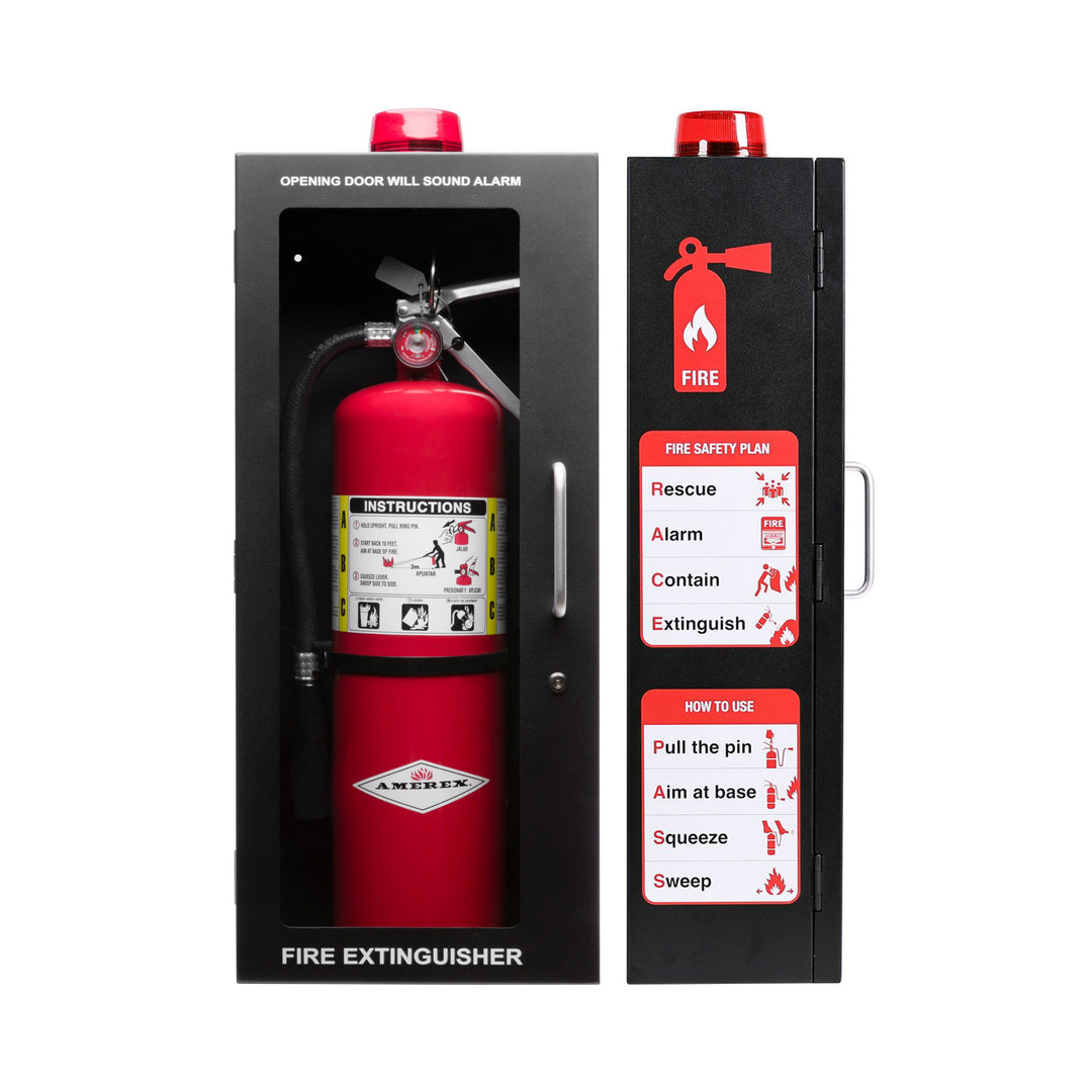 Fire Extinguisher Cabinet | Wall & Surface Mount | Holds 2.5 pound, 5 lb or 10 lb Extinguishers | Optional Alarm & Lock | Fire Safety Instructions Included