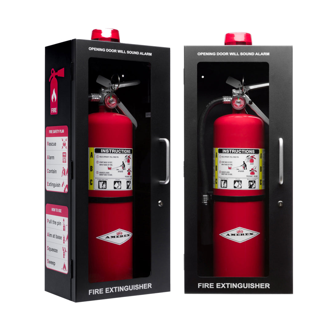 Fire Extinguisher Cabinet | Wall & Surface Mount | Holds 2.5 pound, 5 lb or 10 lb Extinguishers | Optional Alarm & Lock | Fire Safety Instructions Included