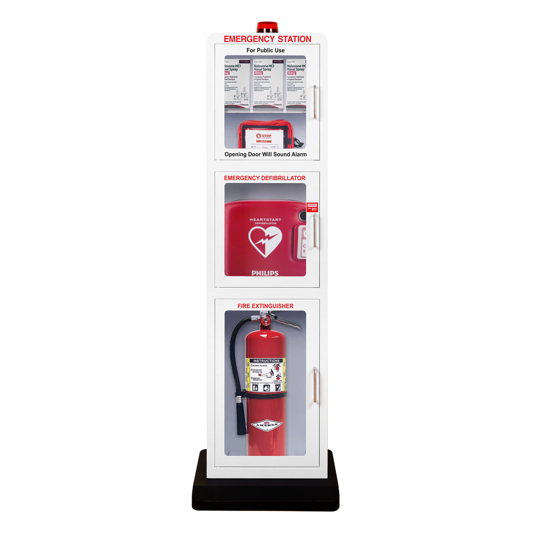 Emergency Station | Store AEDs, Fire Extinguishers, Naloxone Overdose Kits, Bleeding Control Kits & First Aid Kits in a Large Floor Stand Cabinet for Public Spaces