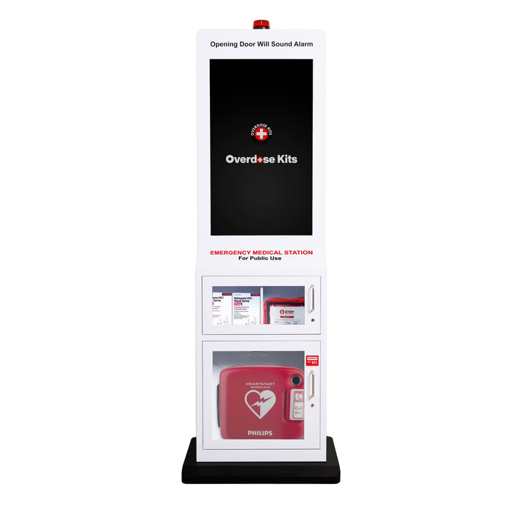 Emergency Medical Station with Large Display Screen - Designed to Store AED's, Naloxone Overdose Kits, Bleeding Control Kits & First Aid Kits for Public Spaces