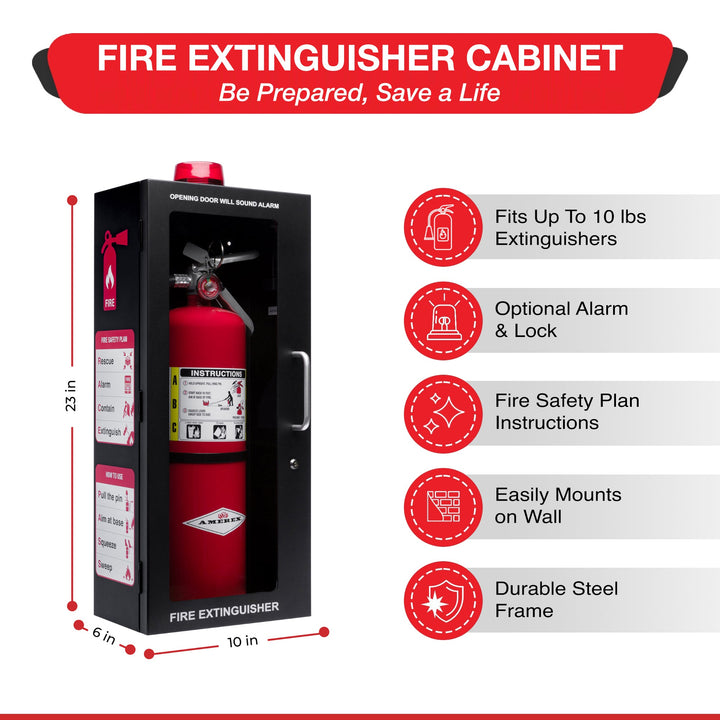 Fire Extinguisher Cabinet | Wall & Surface Mount | Holds 2.5 pound, 5 lb or 10 lb Extinguishers | Optional Alarm & Lock | Fire Safety Instructions Included