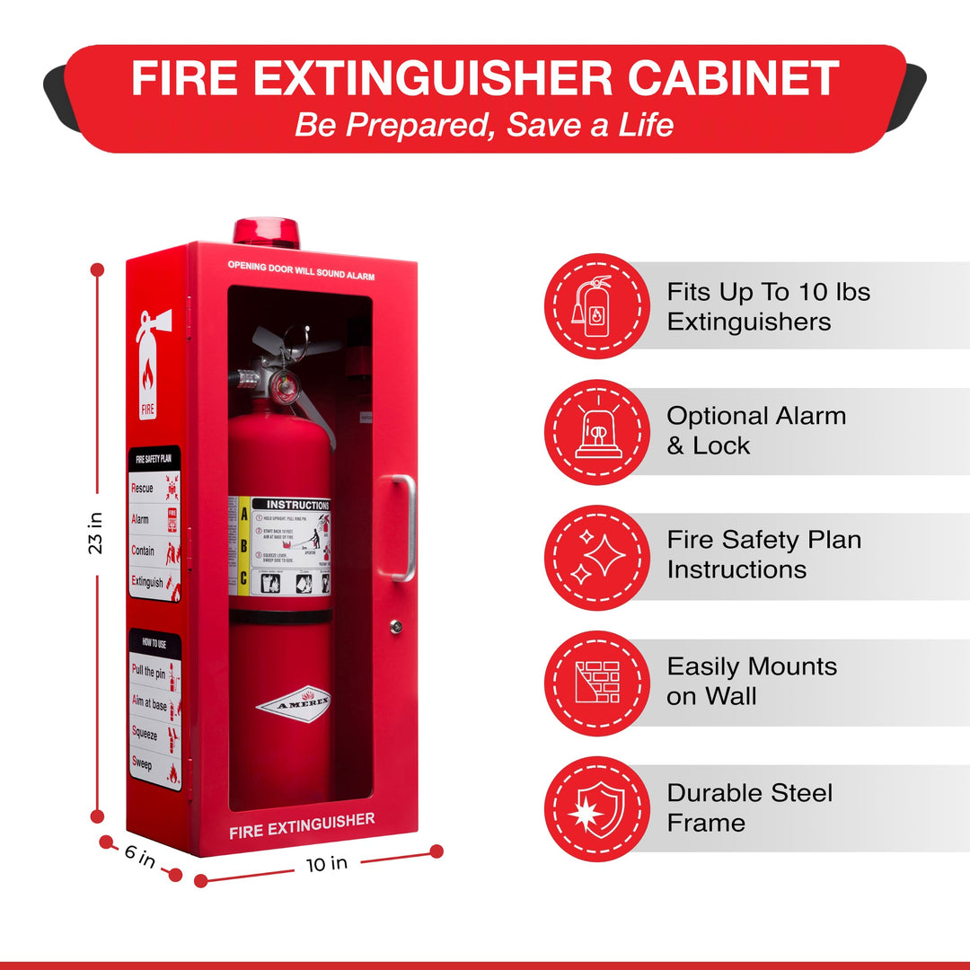 Fire Extinguisher Cabinet | Wall & Surface Mount | Holds 2.5 pound, 5 lb or 10 lb Extinguishers | Optional Alarm & Lock | Fire Safety Instructions Included