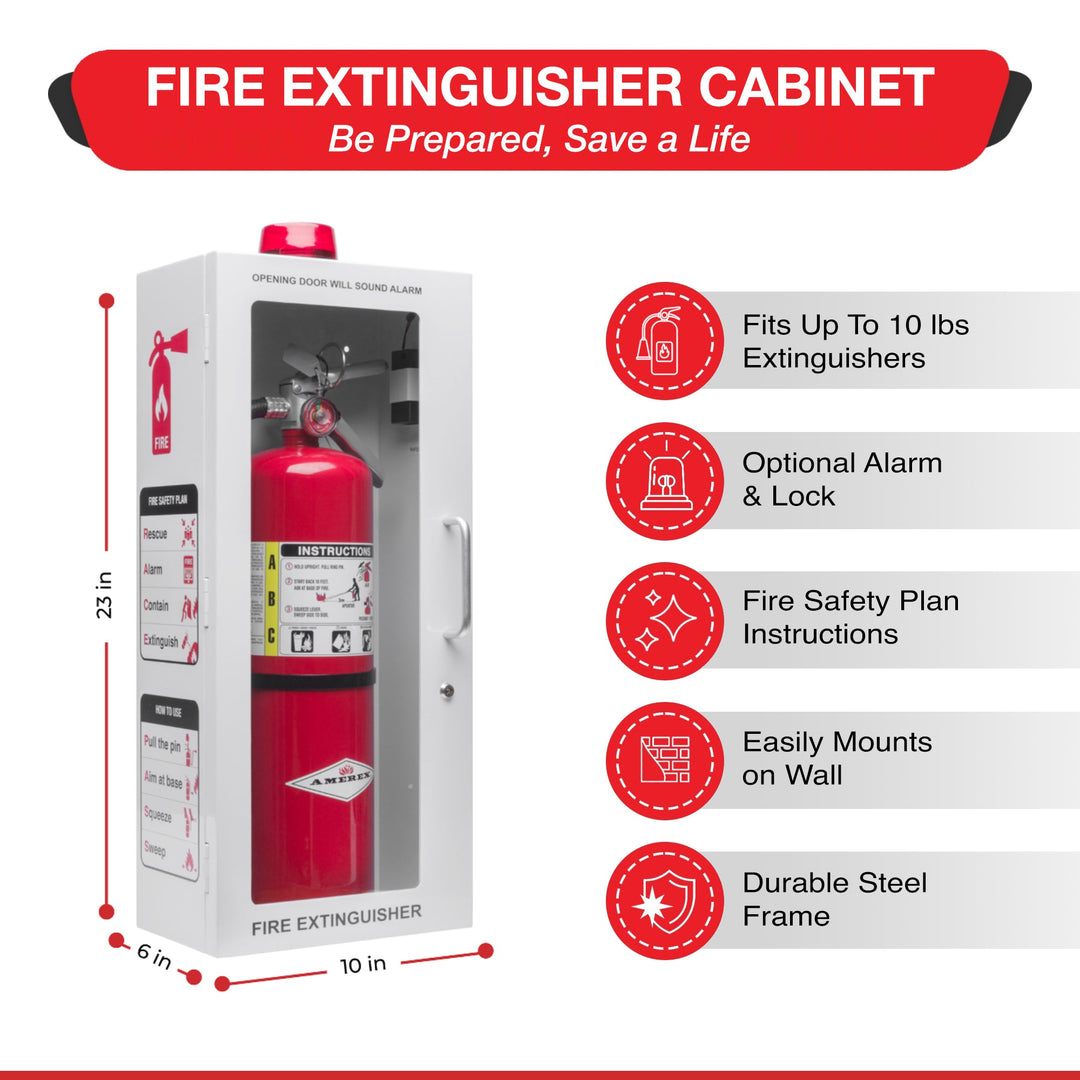 Fire Extinguisher Cabinet | Wall & Surface Mount | Holds 2.5 pound, 5 lb or 10 lb Extinguishers | Optional Alarm & Lock | Fire Safety Instructions Included