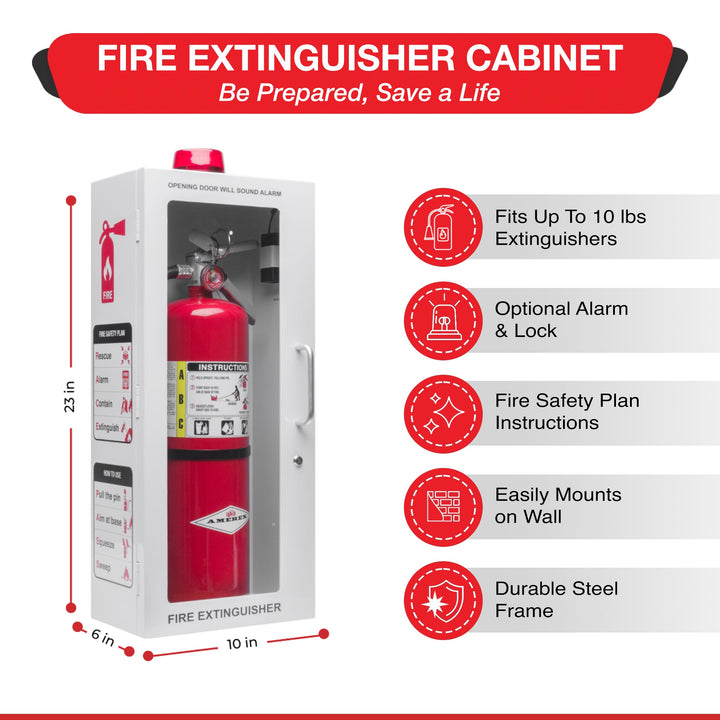 Fire Extinguisher Cabinet | Wall & Surface Mount | Holds 2.5 pound, 5 lb or 10 lb Extinguishers | Optional Alarm & Lock | Fire Safety Instructions Included