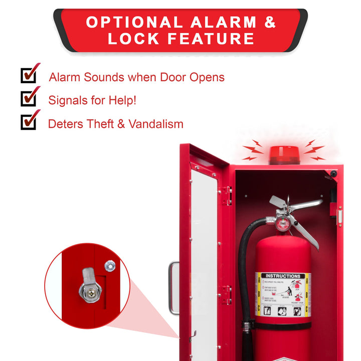 Fire Extinguisher Cabinet | Wall & Surface Mount | Holds 2.5 pound, 5 lb or 10 lb Extinguishers | Optional Alarm & Lock | Fire Safety Instructions Included