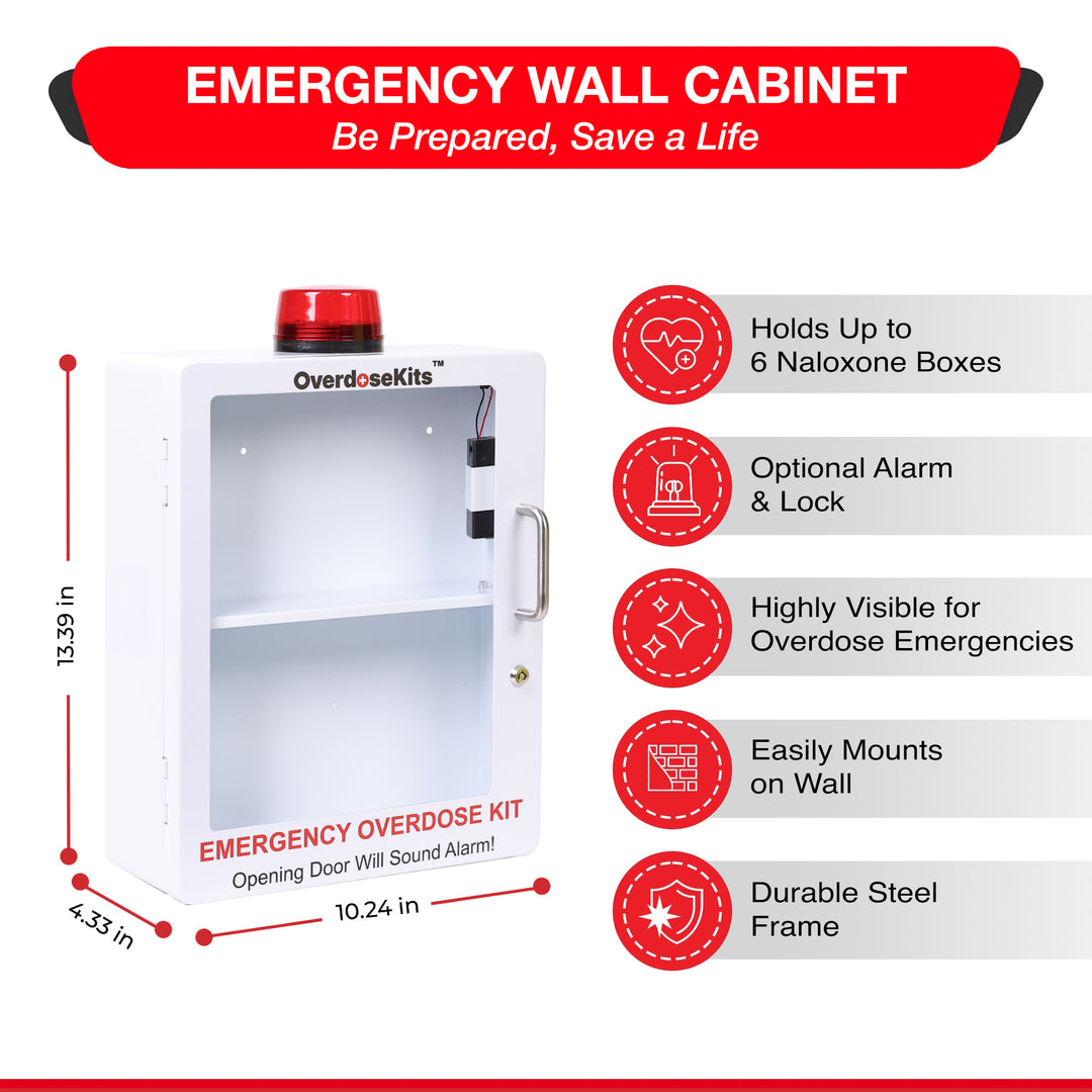 Large Wall-Mounted Naloxone Emergency Kit Cabinet Box - First Aid & Naloxone Compartments | with Alarm & Lock