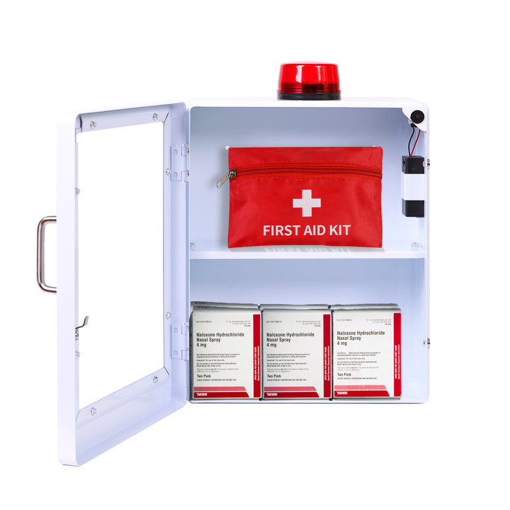 Large Wall-Mounted Naloxone Emergency Kit Cabinet Box - First Aid & Naloxone Compartments | with Alarm & Lock