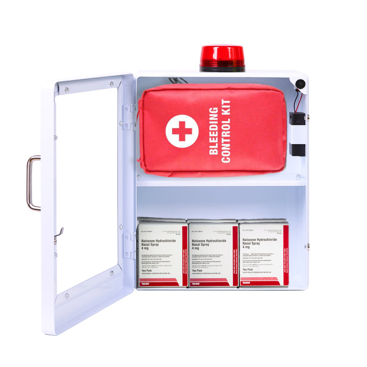 Large Wall-Mounted Naloxone Emergency Kit Cabinet Box - First Aid & Naloxone Compartments | with Alarm & Lock