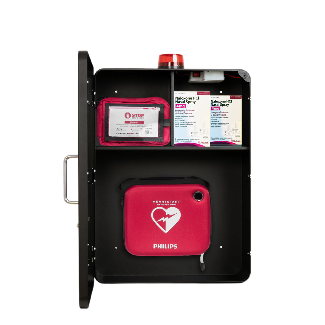 Emergency Medical Station Cabinet – Wall-Mounted Storage for AED, Naloxone, Bleeding Control & First Aid Kits