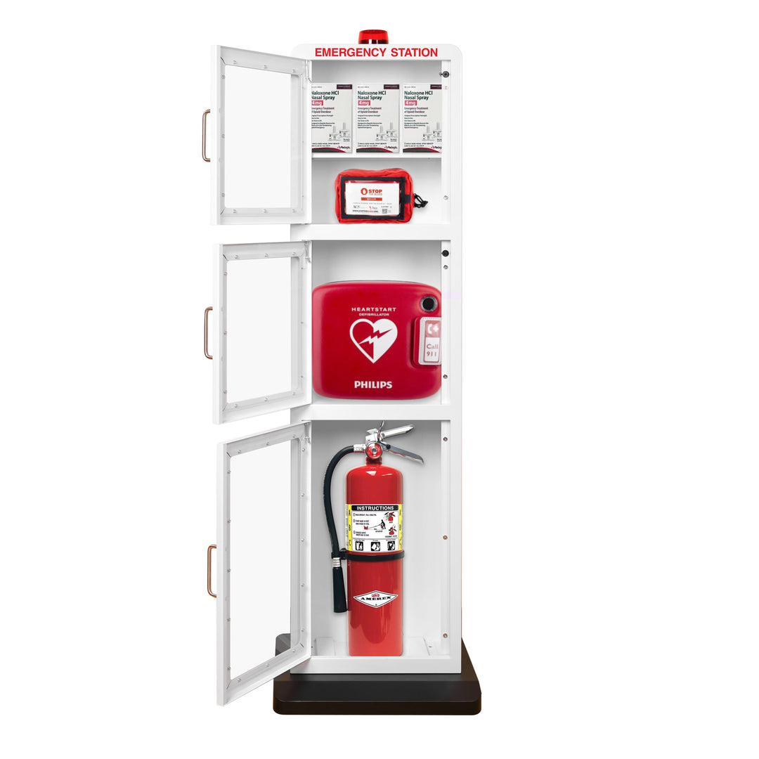 Emergency Station | Store AEDs, Fire Extinguishers, Naloxone Overdose Kits, Bleeding Control Kits & First Aid Kits in a Large Floor Stand Cabinet for Public Spaces