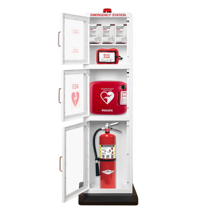 Emergency Station | Store AEDs, Fire Extinguishers, Naloxone Overdose Kits, Bleeding Control Kits & First Aid Kits in a Large Floor Stand Cabinet for Public Spaces