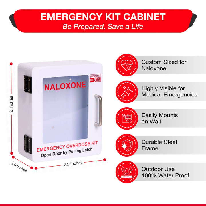 Outdoor Naloxone Overdose Emergency Kit Cabinet - 100% Waterproof - Wall Mounts  (No Alarm or Lock, White)