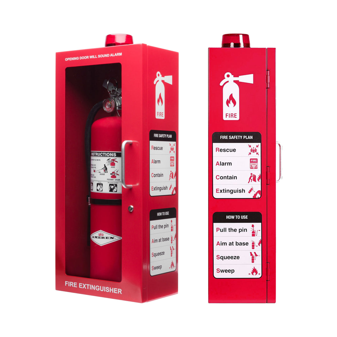 Fire Extinguisher Cabinet | Wall & Surface Mount | Holds 2.5 pound, 5 lb or 10 lb Extinguishers | Optional Alarm & Lock | Fire Safety Instructions Included