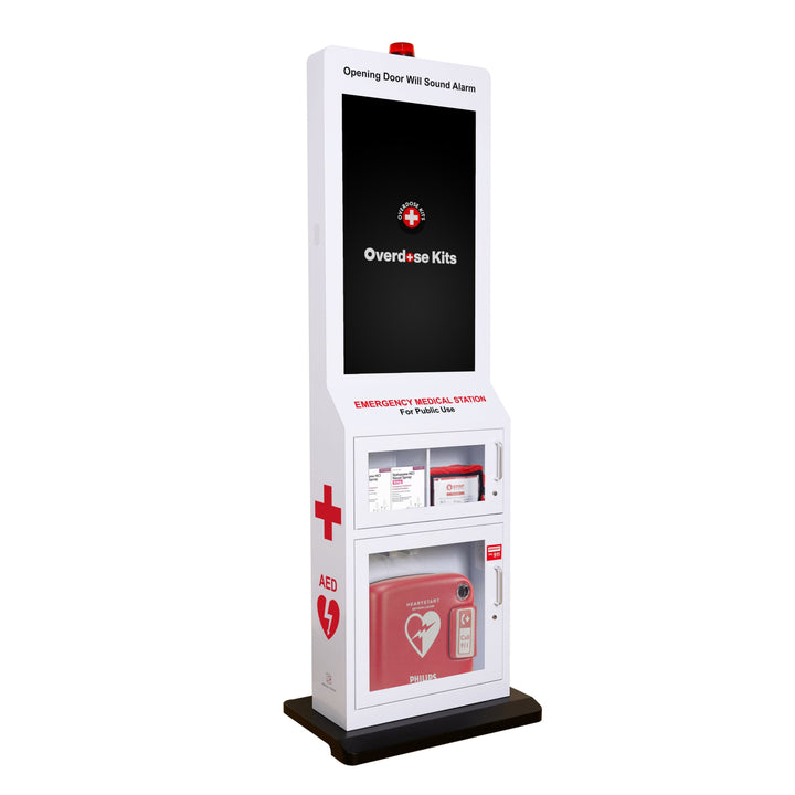 Emergency Medical Station with Large Display Screen - Designed to Store AED's, Naloxone Overdose Kits, Bleeding Control Kits & First Aid Kits for Public Spaces