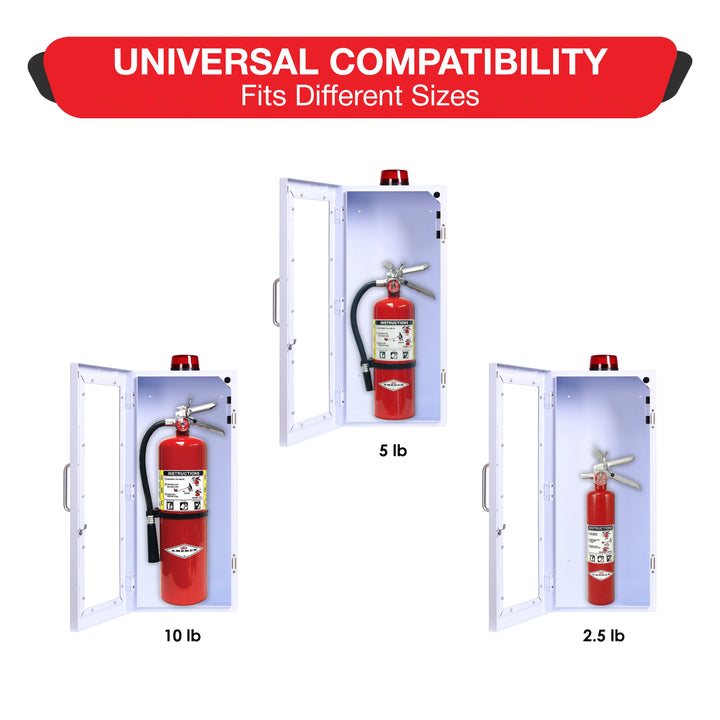 Fire Extinguisher Cabinet | Wall & Surface Mount | Holds 2.5 pound, 5 lb or 10 lb Extinguishers | Optional Alarm & Lock | Fire Safety Instructions Included