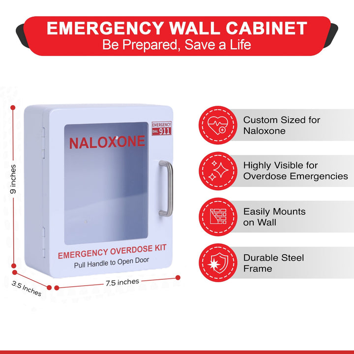 Naloxone Overdose Emergency Kit Cabinet - Designed for Wall Mount & Public Access  (No Alarm or Lock)