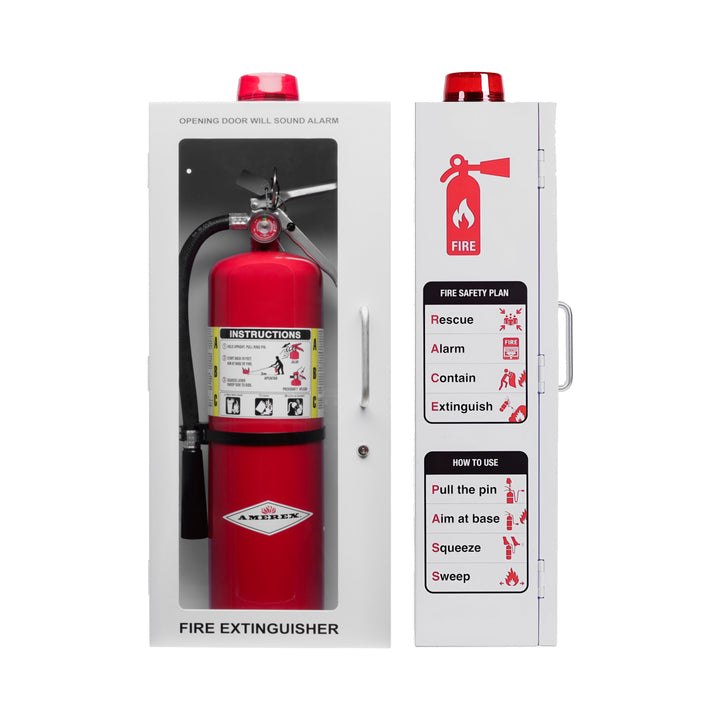 Fire Extinguisher Cabinet | Wall & Surface Mount | Holds 2.5 pound, 5 lb or 10 lb Extinguishers | Optional Alarm & Lock | Fire Safety Instructions Included