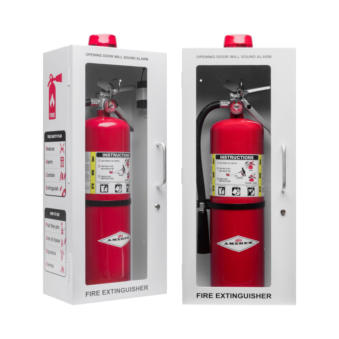 Fire Extinguisher Cabinet | Wall & Surface Mount | Holds 2.5 pound, 5 lb or 10 lb Extinguishers | Optional Alarm & Lock | Fire Safety Instructions Included